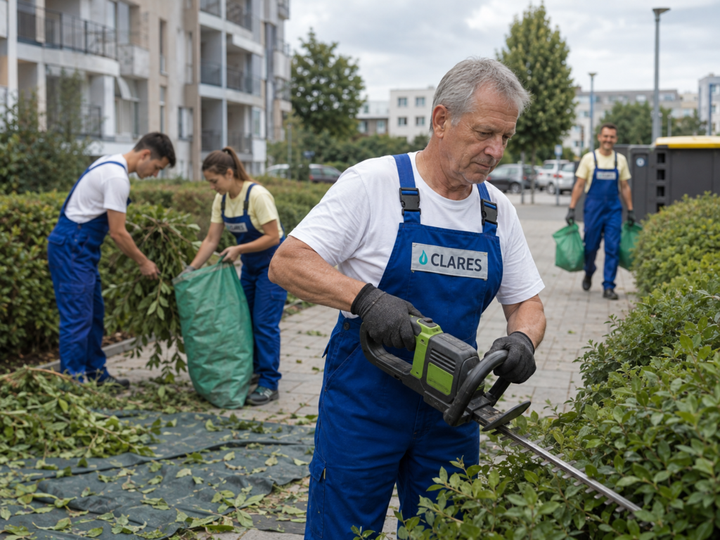 Pracownicy CLARES porządkują zieleń przy wspólnocie mieszkaniowej